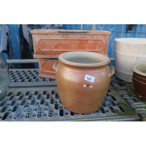 143 - SALT GLAZED STORAGE POT AND 2 TROUGH PLANTERS