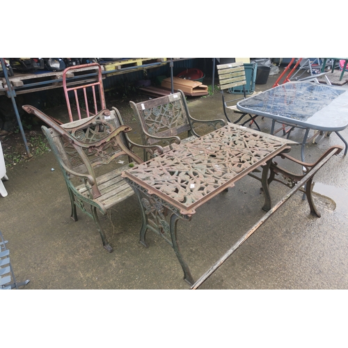 63 - CAST IRON SET 2 CHAIRS TABLE AND BENCH