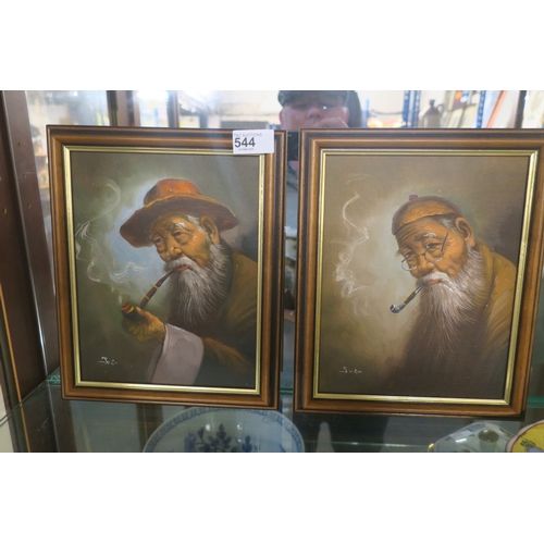 544 - 2 A4 SIZED OIL PAINTINGS OF PIPE SMOKING MEN