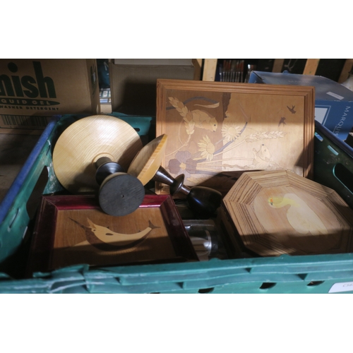 579 - CRATE OF HAND MADE TREEN ITEMS AND BINOCULARS