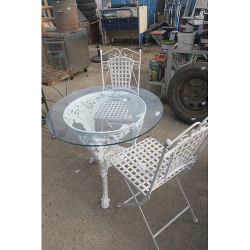 111 - METAL BISTRO SET WITH GLASS TABLE TOP