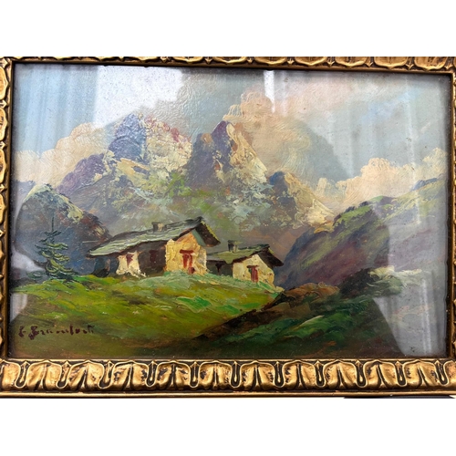 139 - Indistinctly Signed. A pair of 1930's oil on board Alpine Mountain scenes with Chalets and snow capp... 