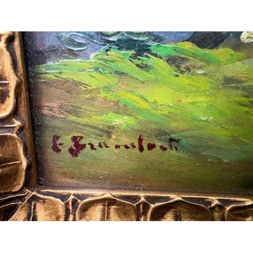139 - Indistinctly Signed. A pair of 1930's oil on board Alpine Mountain scenes with Chalets and snow capp... 