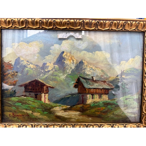 139 - Indistinctly Signed. A pair of 1930's oil on board Alpine Mountain scenes with Chalets and snow capp... 