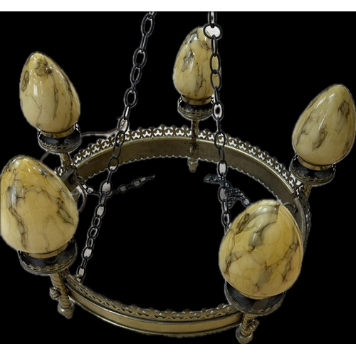 16 - A 19th century bronze Pugin style 5 light chandelier, in the gothic style. The round body with molde... 