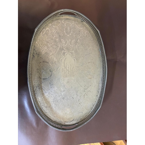 27 - A Sheffield Reproduction Georgian style oval pierced fretwork galleried tray engraved 'Presented to ... 