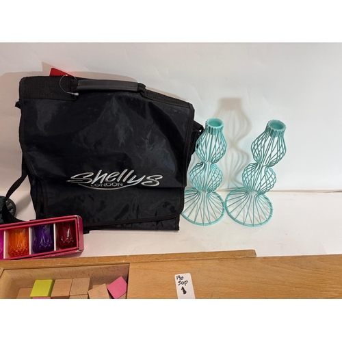 56 - A mixed lot of collectibles to include Shellys, London bag, a child's brick trolley, 3 painted oval ... 