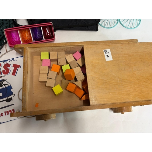 56 - A mixed lot of collectibles to include Shellys, London bag, a child's brick trolley, 3 painted oval ... 