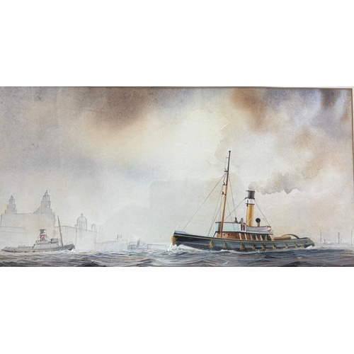 58 - 20th Century British SchoolLiverpool Mersey River scene with tugboats and The Liver Building. Indist... 