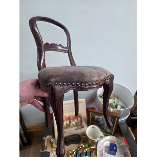 1 - A box of vintage items to include a Victorian miniature balloon back chair, a selection of cigarette... 
