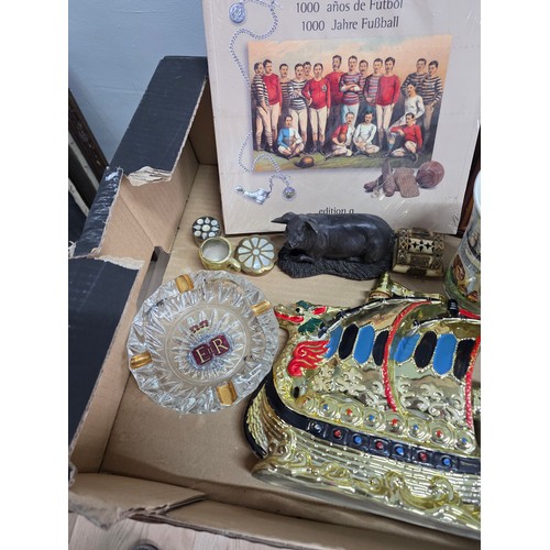 1 - A box of vintage items to include a Victorian miniature balloon back chair, a selection of cigarette... 