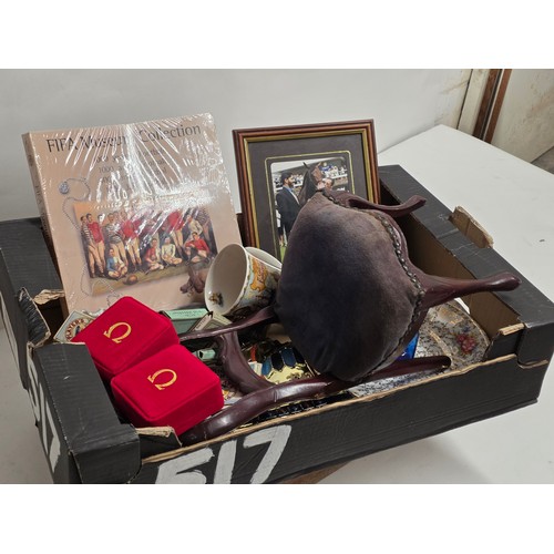 1 - A box of vintage items to include a Victorian miniature balloon back chair, a selection of cigarette... 
