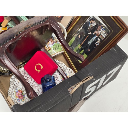 1 - A box of vintage items to include a Victorian miniature balloon back chair, a selection of cigarette... 