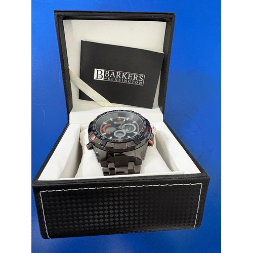 4 - Barkers of Kensington Mega Sports Wristwatch.Quartz .In black.As new condition.With case & Sleev... 
