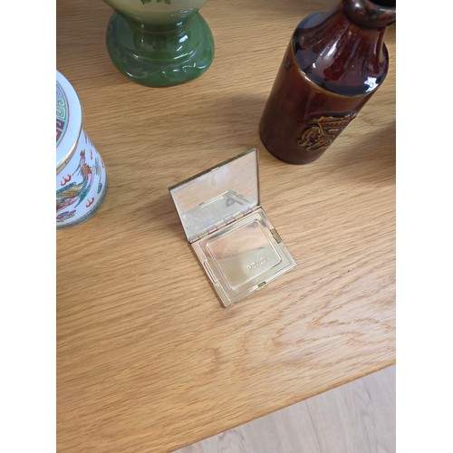 16 - Mixed lot to include ceramics, a brass cased carriage clock and a vintage Revlon compact