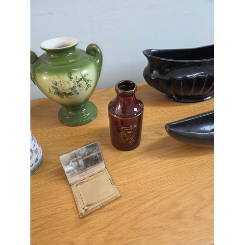 16 - Mixed lot to include ceramics, a brass cased carriage clock and a vintage Revlon compact