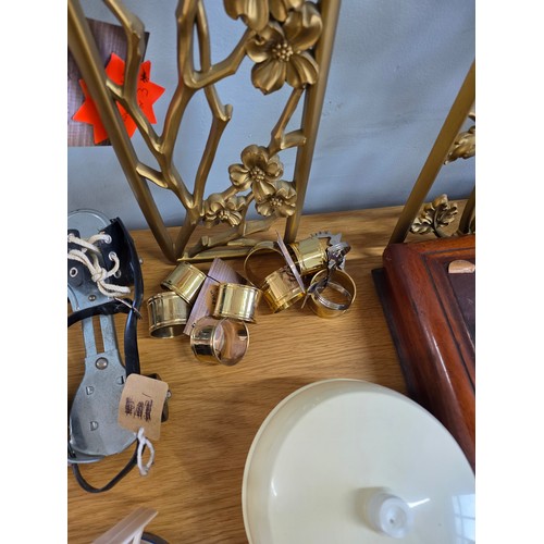17 - Mixed lot of vintage items to include roller skates,  floral panels, napkin rings, wooden box, flask... 