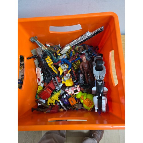 20 - A collection of playworn die cast vehicles and action figures in a plastic crate