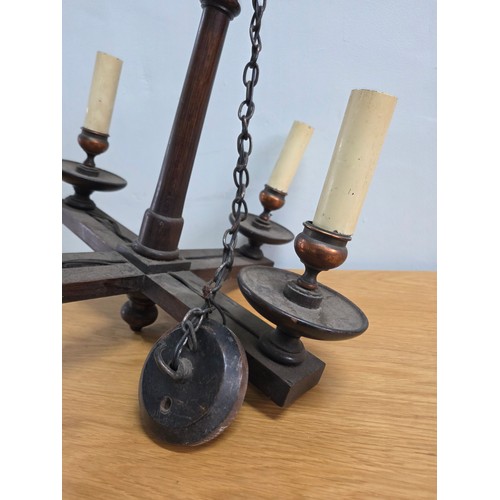 26 - Antique four branch Arts & Crafts Oak Chandelier with Copper light fittings
