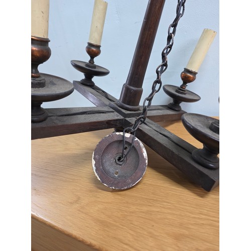 26 - Antique four branch Arts & Crafts Oak Chandelier with Copper light fittings