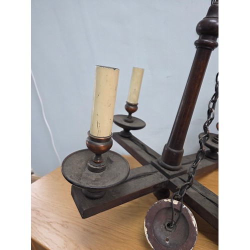 26 - Antique four branch Arts & Crafts Oak Chandelier with Copper light fittings