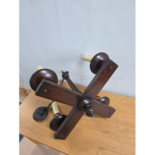 26 - Antique four branch Arts & Crafts Oak Chandelier with Copper light fittings