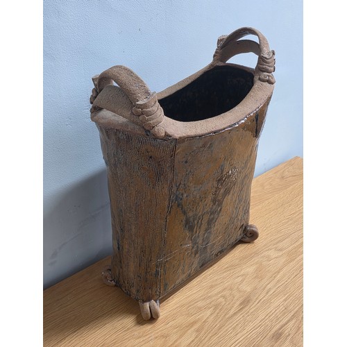 28 - Stoneware stick stand, modelled to look like a water carrier, handmade rustic look with salt glaze f... 