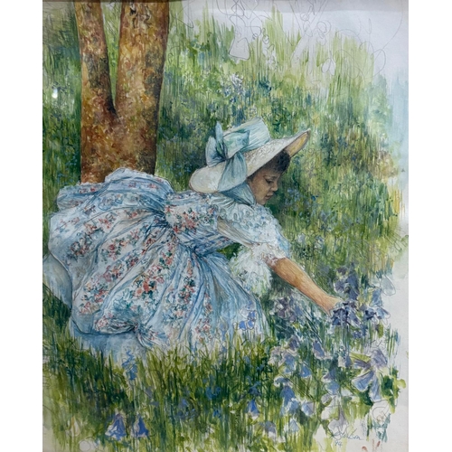 35 - 20th century English School.H Wilson '94?Young Girl in bonnet picking bluebells in a woodland cleari... 