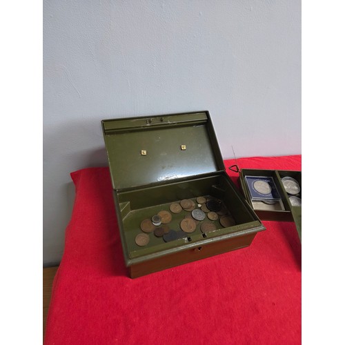 43 - Pre war army green metal cash box Brass handle with commemorative and other coins