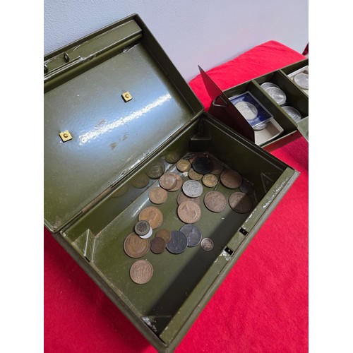 43 - Pre war army green metal cash box Brass handle with commemorative and other coins