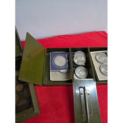 43 - Pre war army green metal cash box Brass handle with commemorative and other coins