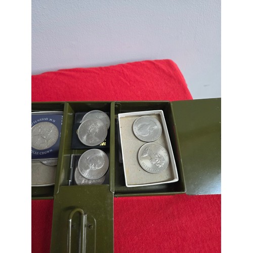 43 - Pre war army green metal cash box Brass handle with commemorative and other coins