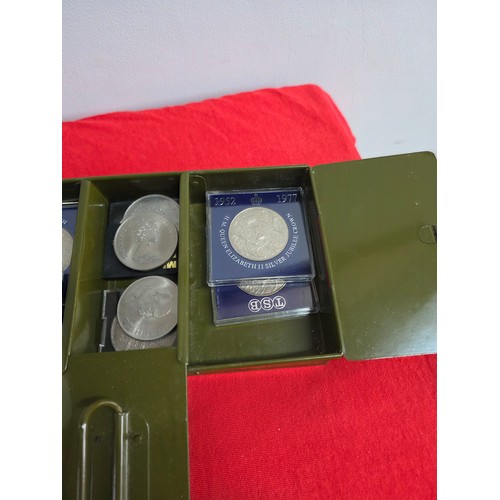 43 - Pre war army green metal cash box Brass handle with commemorative and other coins