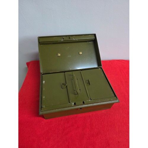 43 - Pre war army green metal cash box Brass handle with commemorative and other coins