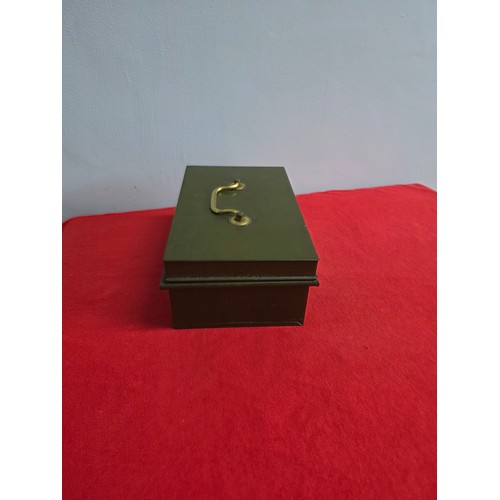 43 - Pre war army green metal cash box Brass handle with commemorative and other coins