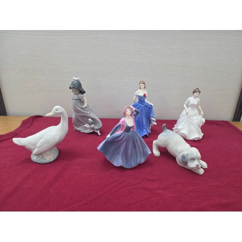 Six ceramic figurines to include Royal Doulton Harmony HN 4096, Royal Worcester Isabelle, Coalport Vicki, a Carl Scheidig Dog, a Nao Swan and a Nao Girl with Puppy