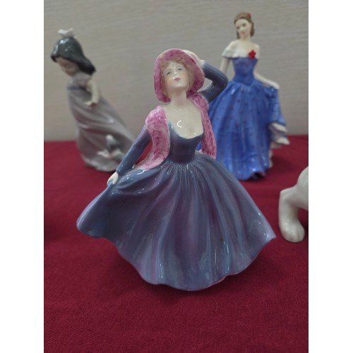 105 - Six ceramic figurines to include Royal Doulton Harmony HN 4096, Royal Worcester Isabelle, Coalport V... 
