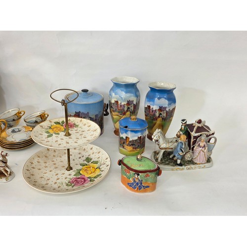 71 - A good mixed lot of ceramics to include a Venezia Gold Gilt Porcelain Tea Set, Newhall Hanley Vases ... 