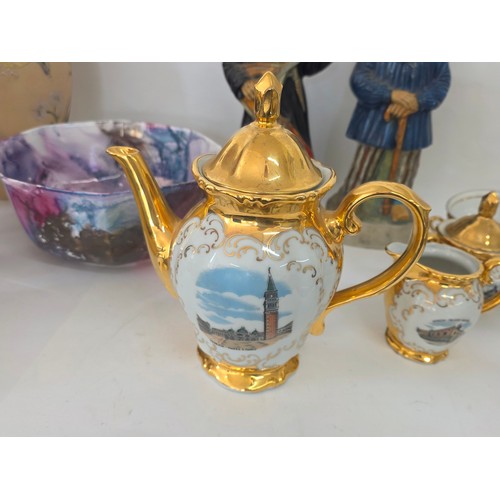 71 - A good mixed lot of ceramics to include a Venezia Gold Gilt Porcelain Tea Set, Newhall Hanley Vases ... 