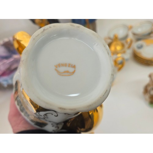 71 - A good mixed lot of ceramics to include a Venezia Gold Gilt Porcelain Tea Set, Newhall Hanley Vases ... 