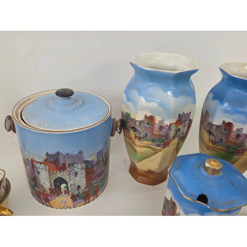 71 - A good mixed lot of ceramics to include a Venezia Gold Gilt Porcelain Tea Set, Newhall Hanley Vases ... 