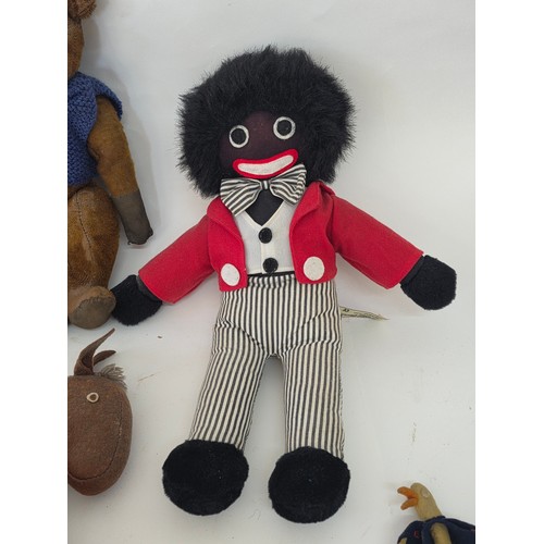 101 - Vintage Dolls, Teddies and stuffed toys to include a Norah Wellings sailor doll, a Golli, two articu... 