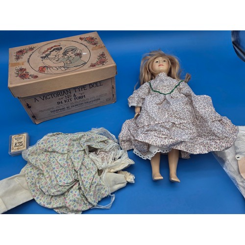 A Victorian Type Doll No. 4 in Kit Form Handmade by Islington Dollmakers. Box contains the completed doll, patterns and clothes
