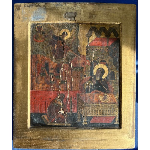 A 19th century Icon, possibly depicting the Annunciation with the Archangel Gabriel descending from the upper left toward the Virgin Mary and her attendant.