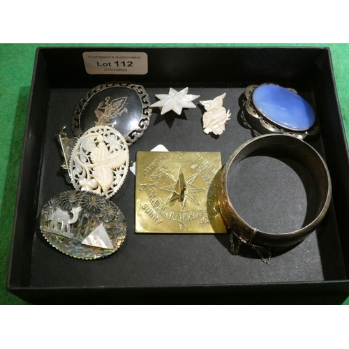 112 - Box of vintage jewellery in silver bangle, brooches etc