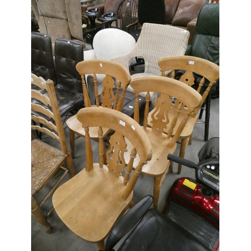 438 - 4 pine kitchen chairs, wicker chair etc