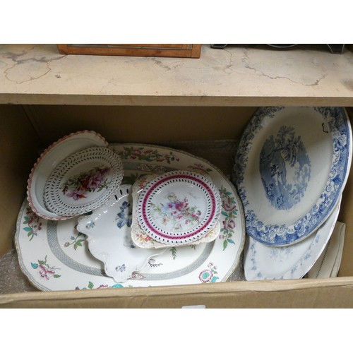 153 - 7 Mixed boxes of glassware, meat plates, vintage tea set (a/f), glassware etc