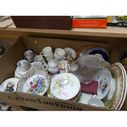 172 - 4 Mixed boxes of pottery, Spode, tapestry cushion etc