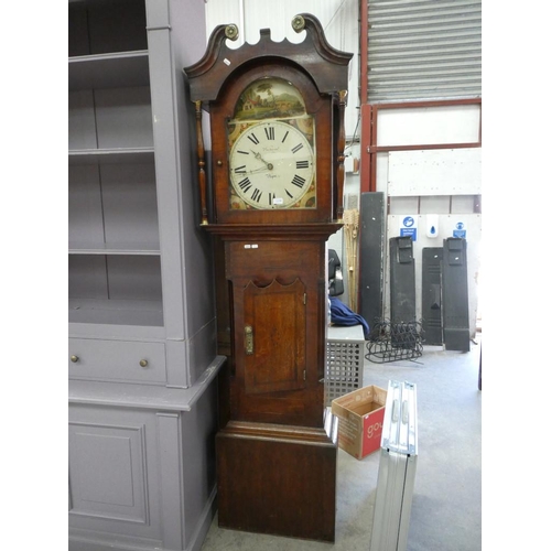 128 - Mahogany grandfather clock with pendulum and weights