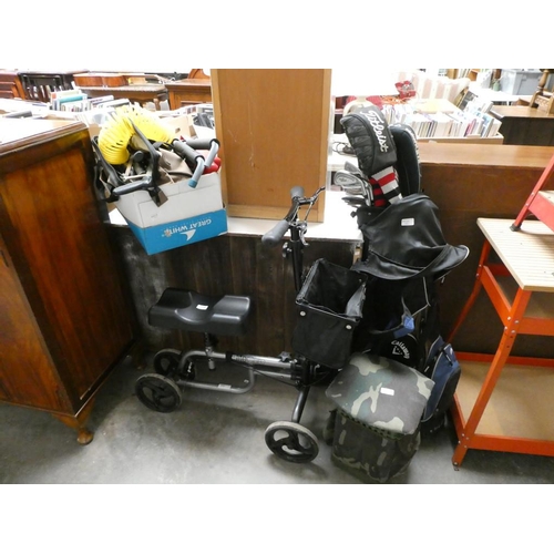 160 - Golf bag & clubs, folding mobility aid, bag of tools etc